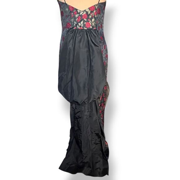 Jessica McClintock Gunne Sax Rose Brocade Gown Black Red Floral Train Size 13 14 - Picture 6 of 12